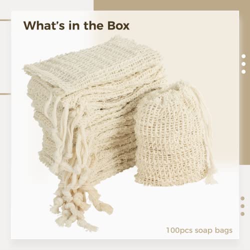 100 Pcs Sisal Soap Saver Bag with Drawstring, Plastic-Free Soap Saver Bags Reusable& Natural Bubble Exfoliating Pouch for Bath & Shower, Zero Waste Mesh Bag for Foaming & Drying Soaps