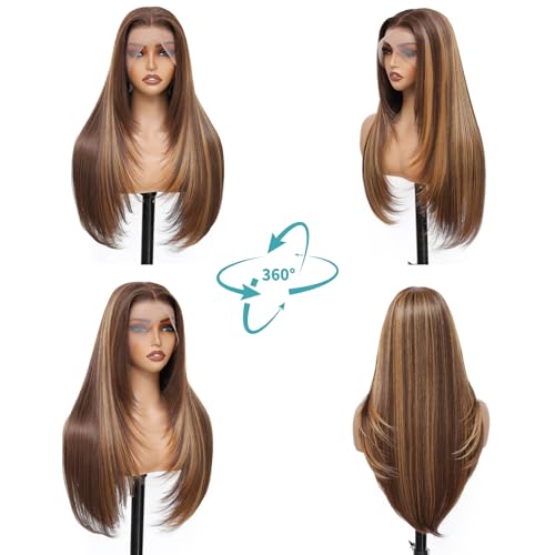 13x4 HD Lace Front Wig Honey Blonde 26 Inch Synthetic Straight Hair with Sunkissed Highlights Pre Plucked Glueless Wig for Black Women