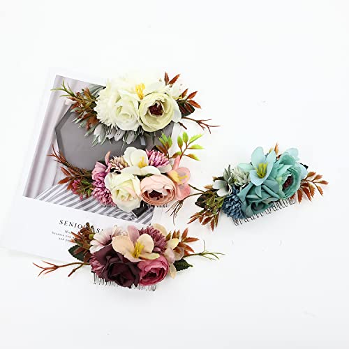 Cinaci 4 Pack Large Artificial Flower Metal Hair Side Combs Floral Slide Hair Clips Wedding Bridal Headpieces Hairpins Barrettes Decorative Hair Comb Bun Accessories for Women Girls Brides Bridesmaids