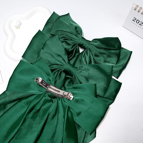 Large Silky Satin Bows 3Pcs Green Hair Ribbons for Women - Cute Coquette Bow Clips with Long Tails and Ponytail Barrettes
