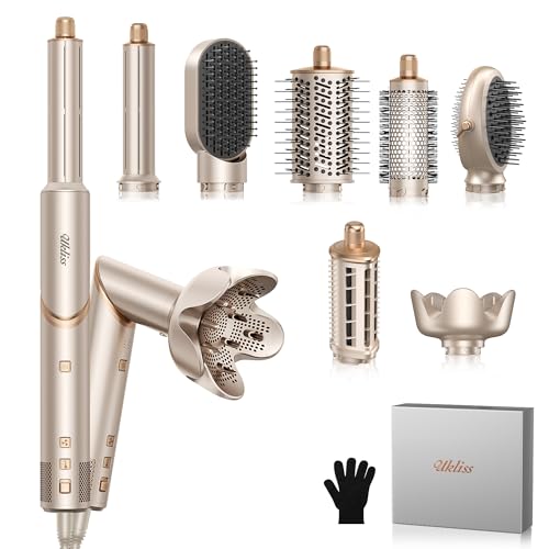 Ukliss 8 in 1 Hair Dryer Brush & Multi Hot Air Styler?Foldable 110,000 RPM Blow Dryer Brush Tool Set with Diffuser Auto-Wrap Curler for Fast Drying Curling Straightening Hair Daily Styling (1.25'')