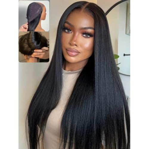 Nadula Bye Bye Knots No Slip Yaki Straight Glueless Drawstring Wig Human Hair with Flexible Mesh Cap Fits All Head, Pre Cut 7x5 Bye-Bye Slip HD Lace Front Pre Everything Light Yaki Straight Wig 16inch