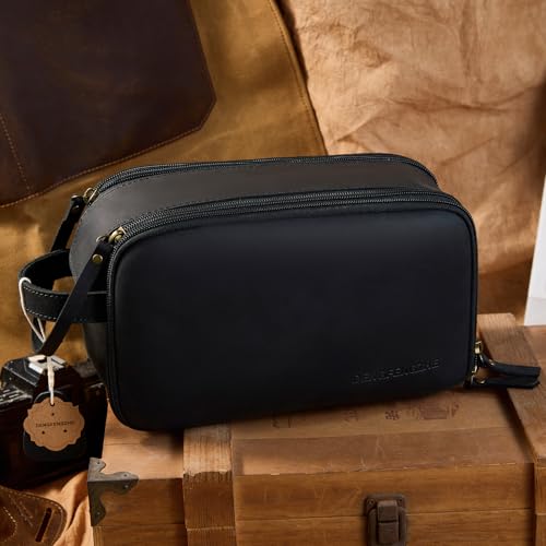 Toiletry Bag for Men, Full Grain Leather Travel Pouch Shaving Dopp Kit Bathroom Toiletries Organizer Bags, Black