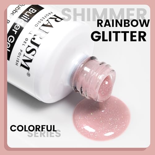RARJSM Nude Glitter Rubber Base Gel Nail Polish Icy Jelly Pink Rainbow Shimmer Rubber Base for Nails Iridescent Brush on Quick Extend Builder Hard Gel Soak Off Curing Requires 15ml French Manicure