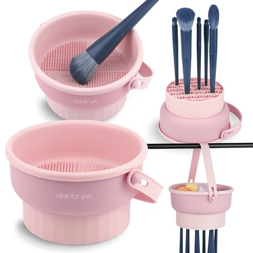 Makeup Brush Cleaner Mat 3 in 1 Silicone Makeup Brush Cleaner Bowl Cosmetic Brushes Cleaning Tool Makeup Cleaner for Brushes (Pink) (Pink)