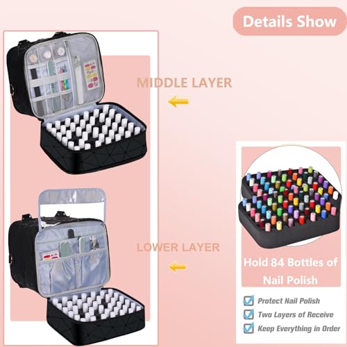 Large Nail Polish Organizer Case Hold 84+ Bottles Nail Polish & Nail Lamp, 3 Layers Nail Organizers and Storage for Nail Tech with Divider, Travel Carrying Case(Black)