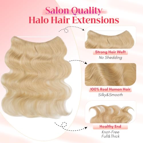 Rich Choices 100% Real Human Halo Hair Extensions Wave Remy Invisible Wire In Hair Extensions Human Hair Clip in Hair Piece 22 Inch Wavy-#613 Bleach Blonde