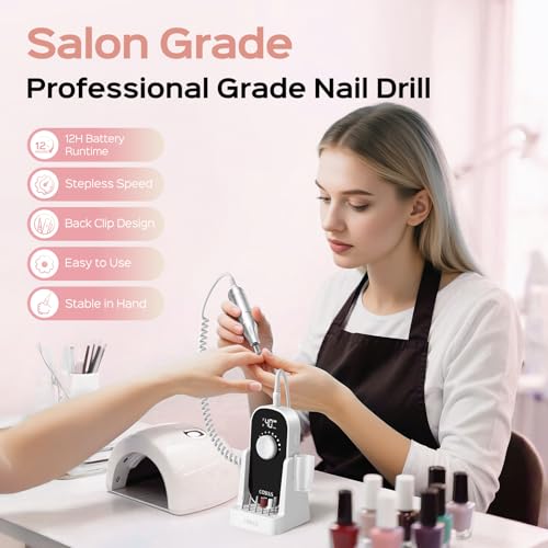 COSLUS Electric Nail Drill Professional: 40000 RPM Rechargeable Nail File with Stand for Acrylic Gel Nails - Stable & Smooth Grinding, Easy to Use, Ideal for Beginners Women, Home DIY and Salon, White
