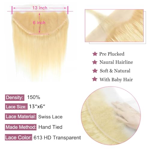 13x6 613 Blonde Frontal Straight Transparent HD Lace Frontal Closure 12A Brazilian Virgin Remy Hair Free Part Ear to Ear Blonde Human Hair For Women Pre Plucked With Baby Hair 150% Density 22 Inch