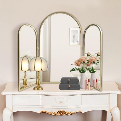 Trifold Vanity Mirrors 3 Way, 30 x 37in Adjustable Vanity Mirrors for Bathroom, Bedroom, Champaign Golden Arch Mirrors Wall Mounted Decoration, Braiding Hair, Makeup 360¡Æ Way