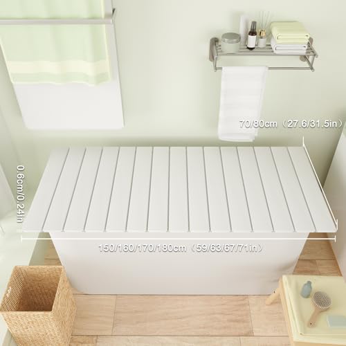 Bathtub Tray, Foldable Anti-dust Bathtub Cover Bath Insulation Cover, PVC Shutter Bath Lid Fit Most Tubs, Can Store Wine Glass, Books, Tablets, Cellphones (White, 150¡¿70¡¿0.6CM)