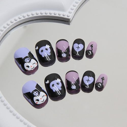 24PCS Black Rabbit Short Press on Nails,Black and Purple Press on Nails Short for Girls and Women,Fake Nails Kit with Jelly Glue