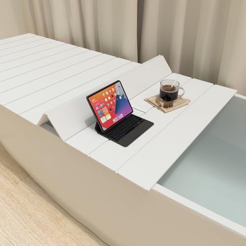 Bathtub Tray, Foldable Anti-dust Bathtub Cover Bath Insulation Cover, PVC Shutter Bath Lid Fit Most Tubs, Can Store Wine Glass, Books, Tablets, Cellphones (White, 150¡¿70¡¿0.6CM)