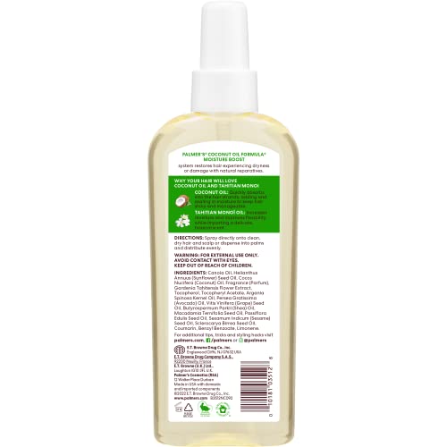 Palmer's Coconut Oil Moisture Boost, Restorative Hair and Scalp Oil Spray, Lasting Hydration and Shine for Dry or Damaged Hair, Promotes Scalp Health, 5.1 Oz