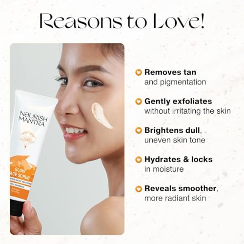 Nourish Mantra Glow Face Scrub | For Tan Removal, Gentle Exfoliation & Improved Skin Tone | Infused with Walnut Shell Powder, Alpha Arbutin, Hyaluronic Acid | All Skin Types | For Men & Women 100 ml