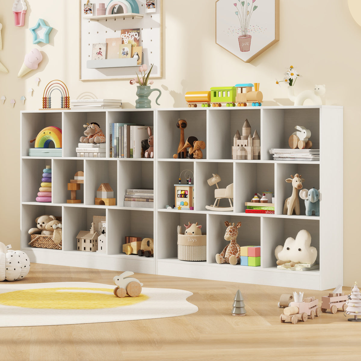 White Wooden Toy Storage Organizer with 10 Cubes - Kid-Friendly Kids Room