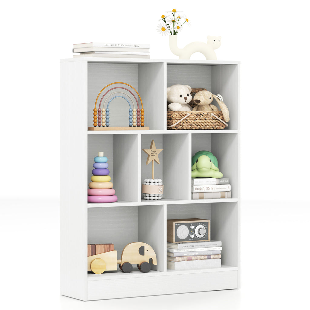 Kids 7-Section Freestanding Bookshelf with 7 Cubes - White, Nursery & Classroom Storage