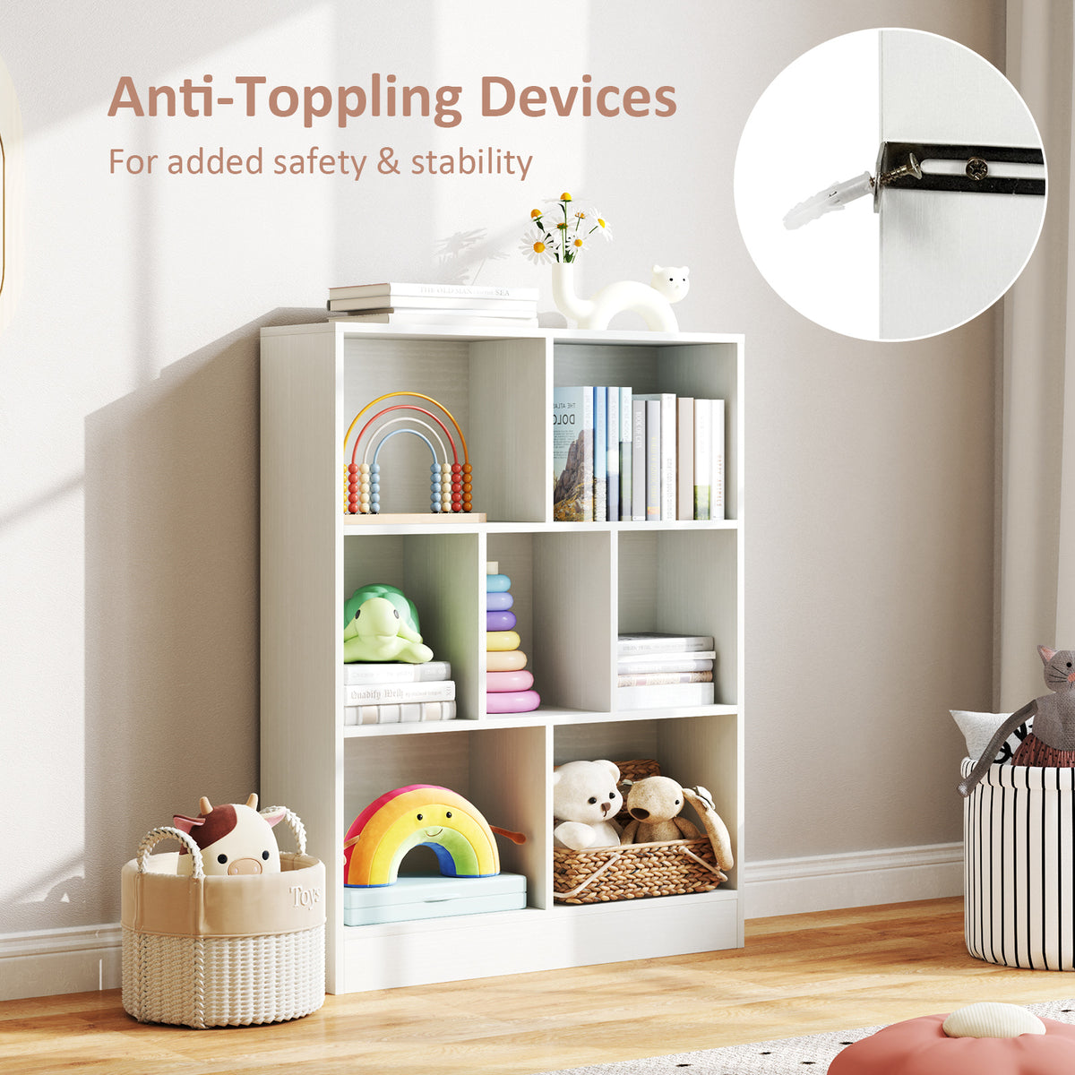 Kids 7-Section Freestanding Bookshelf with 7 Cubes - White, Nursery & Classroom Storage
