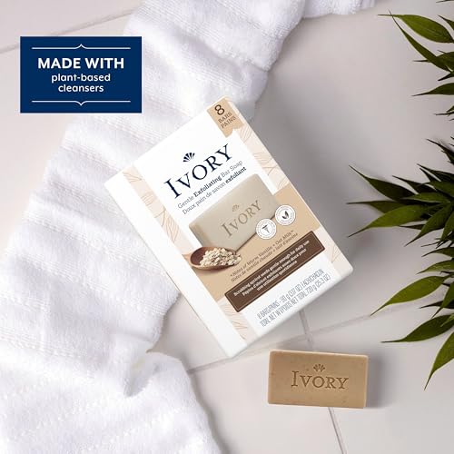 Ivory Exfoliating Bath Bar Soap, Designed for Whole Family with Plant-Based Cleansers, Made Without Heavy Perfumes, Parabens or Phthalates, Warm Vanilla + Oat Milk Scent, 3.17 oz (8 Count)