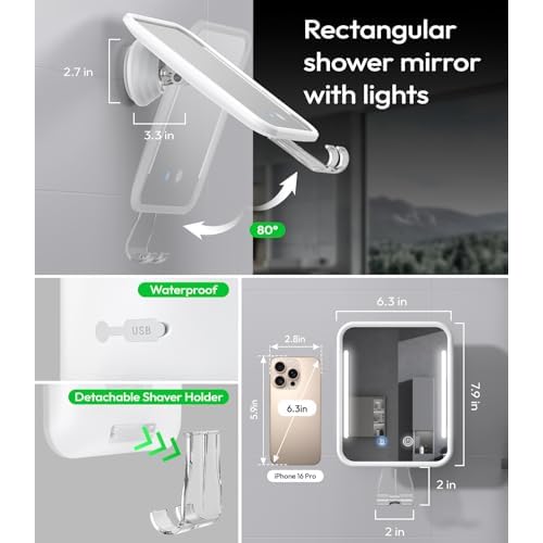 Lighted Shower Mirror Fogless for Shaving with Light, 5000mAh Heated Fogless Mirror for Shower, Detachable Razor Holder and Suction Cup for Wall, NO-Drilling, Waterproof for Bathroom (White)