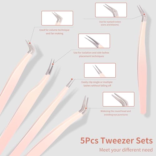 5 Pcs Lash Extension Tweezers, Lash Tweezers for Eyelash Extension, Straight and Curved Eyelash Tweezers, For Professional Eyelash Extension Artists, Girls, Women, Beginners