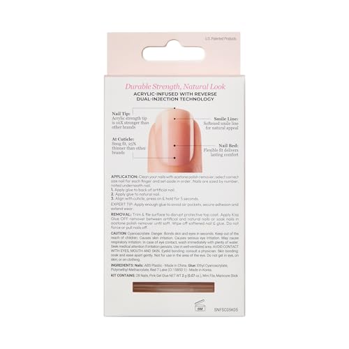 KISS Salon Acrylic French Tip Press On Nails, 'Chic Beats', Natural Nude, Short Squoval, Nail Kit with 28 Fake Nails, Pink Gel Nail Glue (2g), Mini Nail File, & Manicure Stick