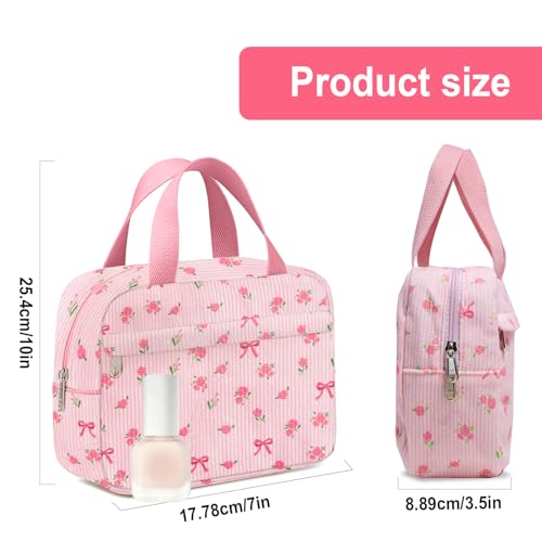 Small Makeup Bag for Purse Cute Corduroy Cosmetic Pouch with Zipper Travel Toiletry Bag for Women(Flower bow pink)