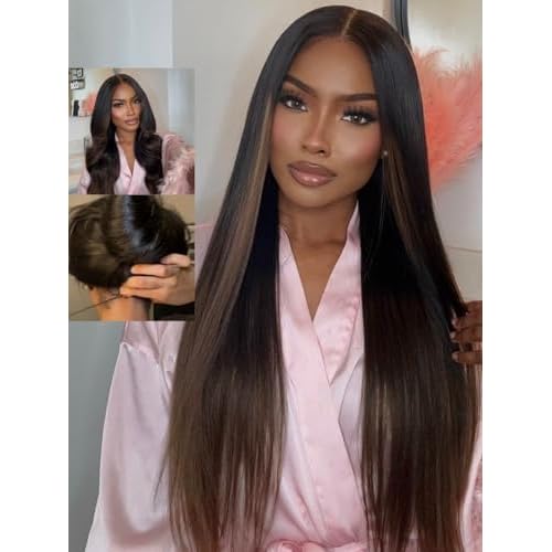 Nadula Chestnut Brown Ombre Yaki Straight Bye Bye Knots Glueless Wig Human Hair with Elastic Drawstring,Highlight Pre Cut 7x5 Invisible Knots HD Lace Front Wigs,Pre Everything Light Yaki Wig 20inch