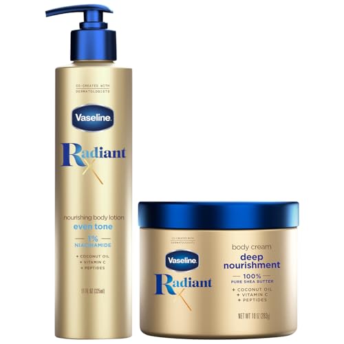 Vaseline Radiant X Skin Care Set ??Even Tone Nourishing Body Lotion with 1% Niacinamide + Deep Nourishment Body Cream with Shea Butter & Vitamin C (2 Piece Set)