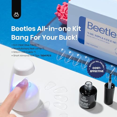 Beetles Gel Nail Kit Almond-500Pcs Gel Nails Tip Easy Extension Set Short Almond Shape 9 In 1 Nail Glue Extension Set Uv Led Lamp Acrylic False Tips Kit DIY Nails Art Gifts for Women