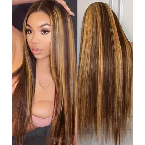 Highlight Ombre 13x6 Lace Front Wigs Human Hair Straight HD Lace Frontal Wigs Pre Plucked Tangle-Free 200 Density 4/27 Colored Real Virgin Human Hair Wig Invisilbe Hairline Tiny Knots 24 Inch