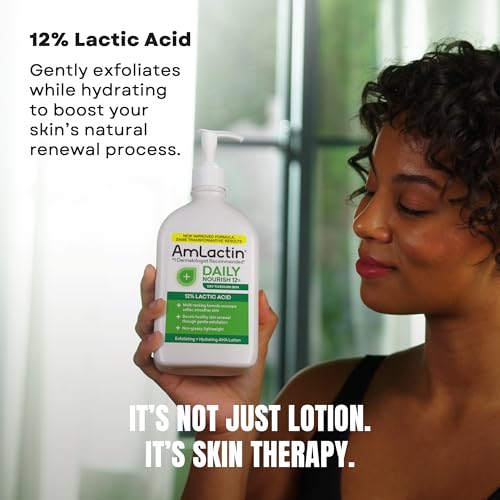 AmLactin Daily Nourish - Therapeutic Body Lotion for Dry Skin - No-Scrub Exfoliator and Moisturizer with 12% Lactic Acid AHA, 14.1 oz (Packaging May Vary)