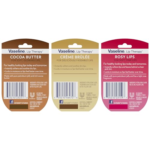 Vaseline Lip Therapy Variety 3-Pack ? Cr?me Br?l?e, Rosy Lips, Cocoa Butter Mini Lip Balms for Soft, Glowing, and Deliciously Kissable Lips, 0.25 Oz Ea