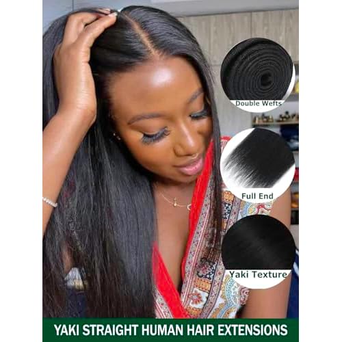 KLAIYI Yaki Straight Bundles Human Hair Weaves Unprocessed Real Virgin Hair Sew In Extensions One Bundle Of 16Inch, 12A Kinky Straight Double Wefts for Women Cllip In Light Yaki Natural Black Color