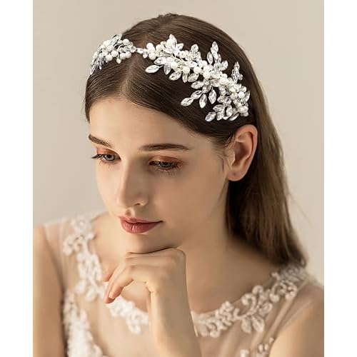 Oriamour Rhinestone Bridal Headband, Silver Wedding Headpiece for Bride, Wedding Hair Accessories for Brides Hair band For Women (Silver04, 14'')