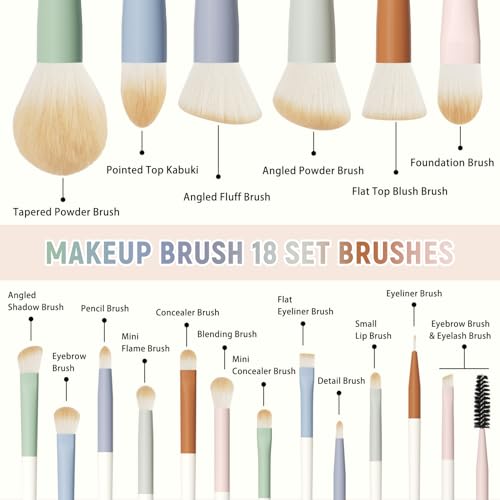 Colorful Series 18-Pcs Makeup Brush Set with Soft, Cruelty-Free Synthetic Bristles, Wooden Matte Handles, 2 Latex-Free Makeup Sponges & Travel Storage Bag ? Face & Eye Brushes for Makeup