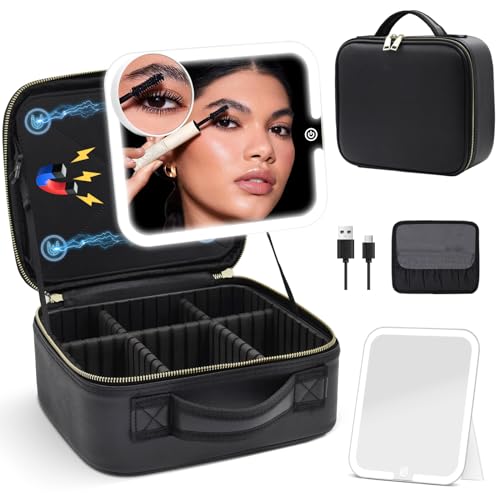 Makeup Bag with Magnetic Detachable Lighted Mirror 360¡Æ Swivel Angle, Travel Makeup Bag with Lights Portable Makeup Case Organizer with Mirror, Partition Cosmetic Bag Tools Accessories Train Case Gift