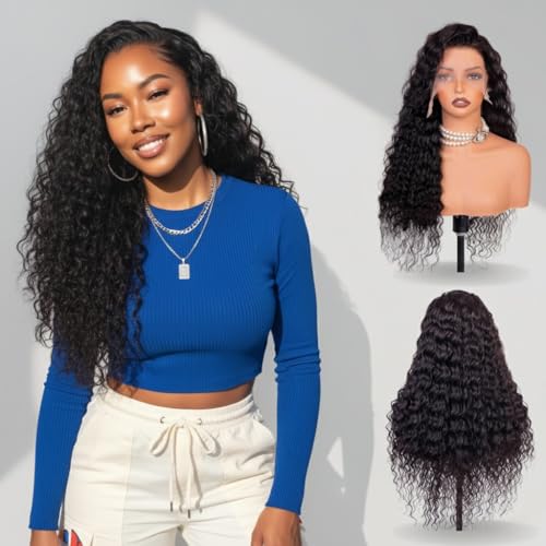 28 Inch Deep Wave Lace Front Wigs Human Hair, 13x6 HD Wet and Wavy Lace Front Wigs, Curly Human Hair Wig, 180 Density Deep Wave Wig, Pre Plucked & Glueless, Natural Color