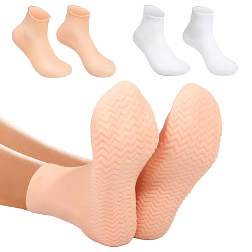 Silicone Moisturizing Socks for Dry Cracked Feet - 2 Pairs, XL Long Size, Non-Slip Heel Socks for Women and Men - High Stretch Foot Care Pedicure - White & Beige