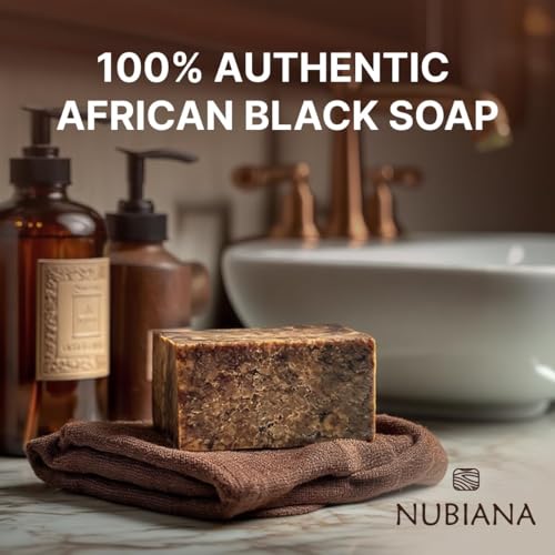 Nubiana African Black Soap Bar - 100% Pure Raw from Ghana - Natural Face & Body Cleanser with Shea Butter - Deep Cleansing for All Skin Types (8oz)