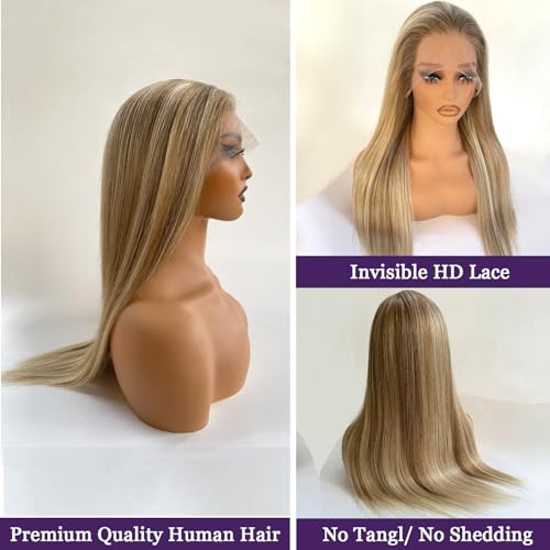 Balayage Ash Blonde Wig Human Hair Lace Front Wigs 28 Inch Ash Brown Balayage Ash Blonde Highlights Human Hair Glueless Wigs Pre Plucked HD 13x4 Lace Frontal Human Hair Wigs for Women 180% Density