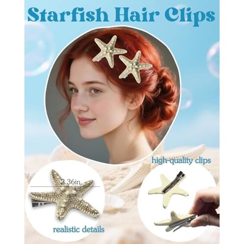 Starfish Hair Clip Mermaid Accessories: 6-PCS Halloween Costume Accessories for Women Girls Mermaid Sea Party Cosplay, Hair Clips Set with Face Glitter Gel Seashell Earrings Pearl Stickers (Realistic)