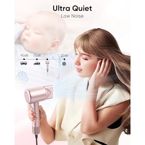 Hair Dryer, High-Speed Ionic Low Noise Blow Dryer with Brushless Motor for Fast Drying, Thermo-Control Quiet Compact Hair Blow Dryer with Magnetic Diffuser for Curly Hair for Home Travel Salon