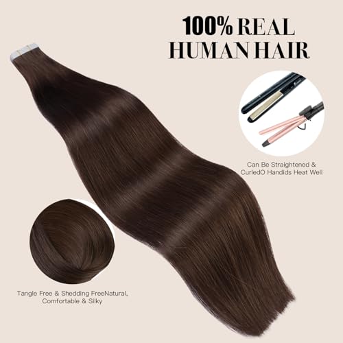 Tape in Hair Extensions £¬Real Human Hair Extension,Chocolate Brown Human Hair 22 inch 32pcs 80g,Thick Ends Straight Seamless, Invisible Tape in Hair Extensions Human Hair