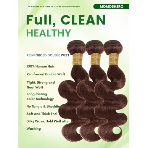 12A Chocolate Brown Bundles With Closure Human Hair Body Wave, Soft Glossy Wavy 100% Remy Hair Weaves Colored #4 Medium Dark Brown 3 Bundle and 2X6 HD Lace Closure Deep Part 14 16 18+14 inch