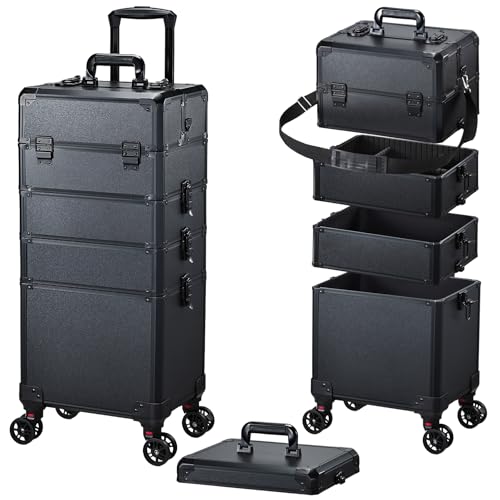 FRENESSA Rolling Makeup Case Makeup Train Case with Lid 5 in 1 Cosmetology Case on Wheels Large Makeup Organizers Salon Cart Barber Trolley Nail Teach Makeup Artist Trunk Cart Black