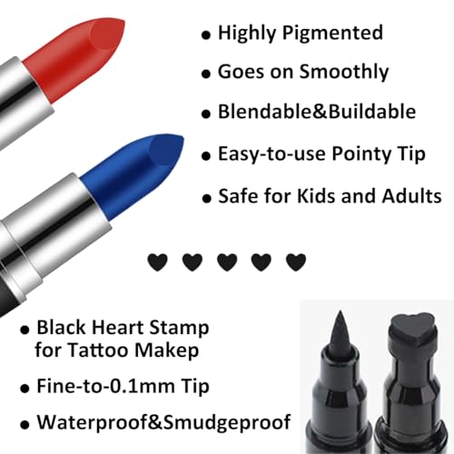 Mysense Halloween Costume Accessories for Adult Women Girls Kids Cosplay Makeup, Red and Blue Clip in Hair Extensions + Face Body Paint Stick + Black Liquid Eyeliner Stamp Makeup Kit