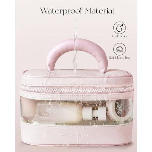 Vlando Travel Makeup Bag, Large Travel Toiletry Bag for Women Girl, Waterproof Cute Cosmetic Bag with Handle, Clear Make up Bag for Cosmetic, Brushes, Skincare-Apricot Pink