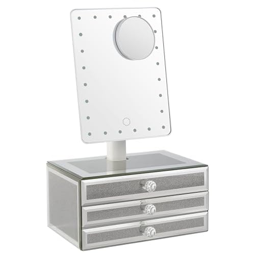 Star Vision 2-in-1 Lighted Makeup Mirror with Glass Jewelry Organizer, Dimmable 6,000K Cool White Light, 3-Layer Drawers, Luxury Crystal Diamond Effect Surface, Includes a 10X Magnification Mirror