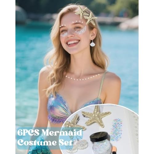 Starfish Hair Clip Mermaid Accessories: 6-PCS Halloween Costume Accessories for Women Girls Mermaid Sea Party Cosplay, Hair Clips Set with Face Glitter Gel Seashell Earrings Pearl Stickers (Realistic)
